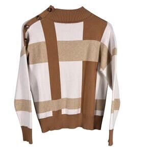 Tahari Women's Size Medium Brown Cream Plaid Button Mock Neck Knit Sweater Shirt
